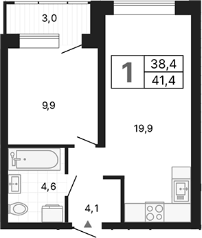Планировка 1-к.кв, 41,38 м² в ЖК Тёплые кварталы