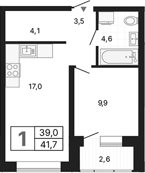 Планировка 1-к.кв, 41,65 м² в ЖК Тёплые кварталы