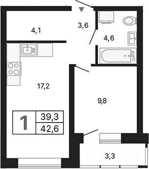 Планировка 1-к.кв, 42,63 м² в ЖК Тёплые кварталы