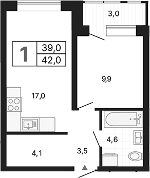 Планировка 1-к.кв, 42 м² в ЖК Тёплые кварталы