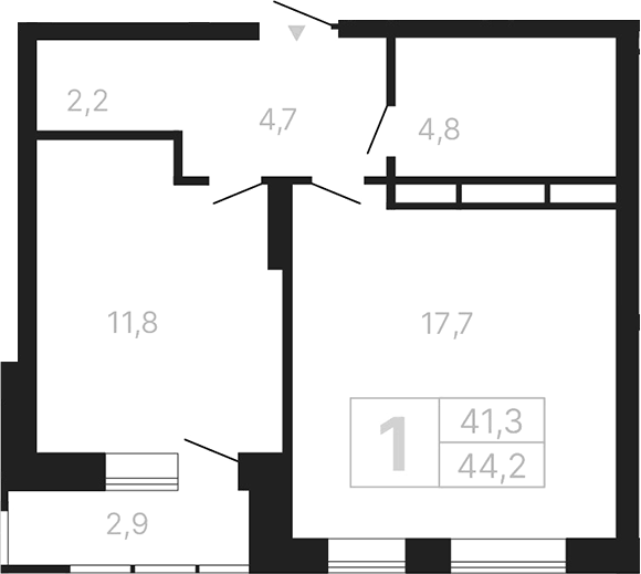 Планировка 1-к.кв, 44,22 м² в ЖК Тёплые кварталы