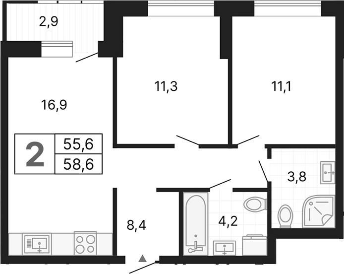 Планировка 2-к.кв, 58,56 м² в ЖК Тёплые кварталы