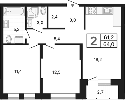 Планировка 2-к.кв, 63,3 м² в ЖК Тёплые кварталы
