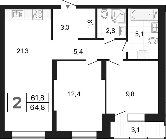 Планировка 2-к.кв, 64,83 м² в ЖК Тёплые кварталы