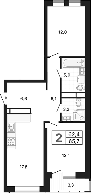 Планировка 2-к.кв, 65,48 м² в ЖК Тёплые кварталы
