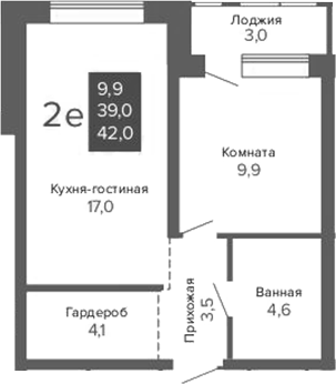 Планировка 2Е-к.кв, 42 м² в ЖК Тёплые кварталы