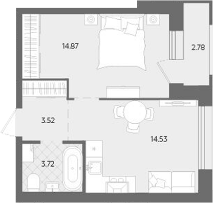 Планировка 2Е-к.кв, 39,42 м² в ЖК Тёплые кварталы