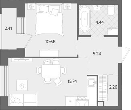Планировка 2Е-к.кв, 40,77 м² в ЖК Тёплые кварталы