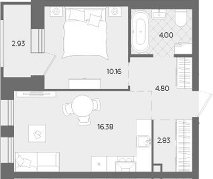 Планировка 2Е-к.кв, 41,1 м² в ЖК Тёплые кварталы