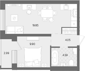 Планировка 2Е-к.кв, 41,38 м² в ЖК Тёплые кварталы