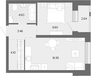 Планировка 2Е-к.кв, 41,65 м² в ЖК Тёплые кварталы