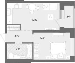 Планировка 2Е-к.кв, 41,7 м² в ЖК Тёплые кварталы