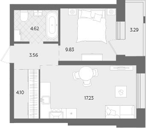 Планировка 2Е-к.кв, 42,63 м² в ЖК Тёплые кварталы