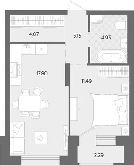 Планировка 2Е-к.кв, 43,73 м² в ЖК Тёплые кварталы