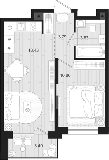Планировка 1-к.кв, 38,61 м² в ЖК Тетро