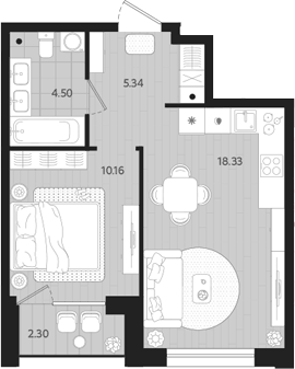 Планировка 1-к.кв, 39,48 м² в ЖК Тетро