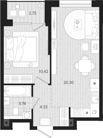 Планировка 1-к.кв, 40,17 м² в ЖК Тетро