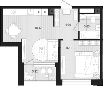Планировка 1-к.кв, 40,39 м² в ЖК Тетро
