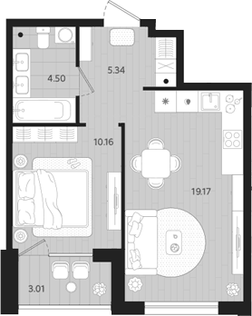 Планировка 1-к.кв, 40,68 м² в ЖК Тетро