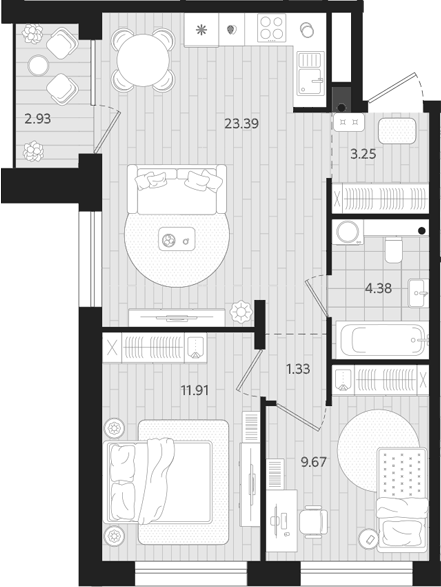 Планировка 2-к, 55,4 м² в ЖК Тетро