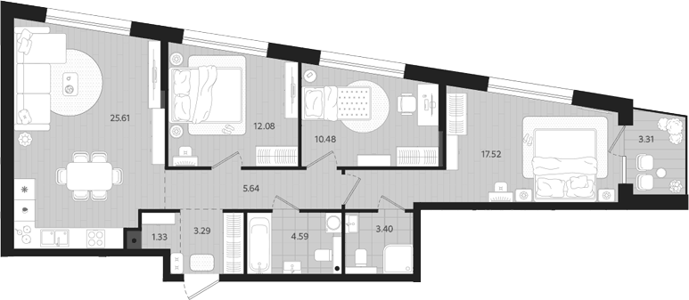 Планировка 3-к, 85,6 м² в ЖК Тетро