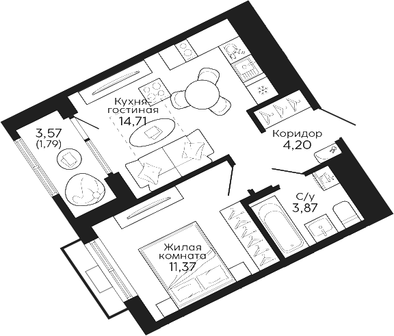 Планировка 1-к.кв, 35,94 м² в ЖК Тихий центр