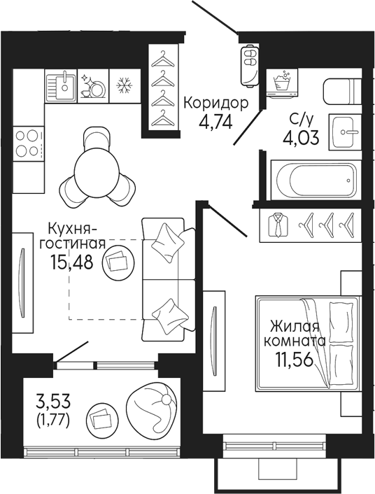 Планировка 1-к.кв, 37,58 м² в ЖК Тихий центр