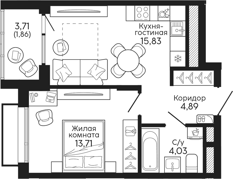 Планировка 1-к.кв, 40,32 м² в ЖК Тихий центр