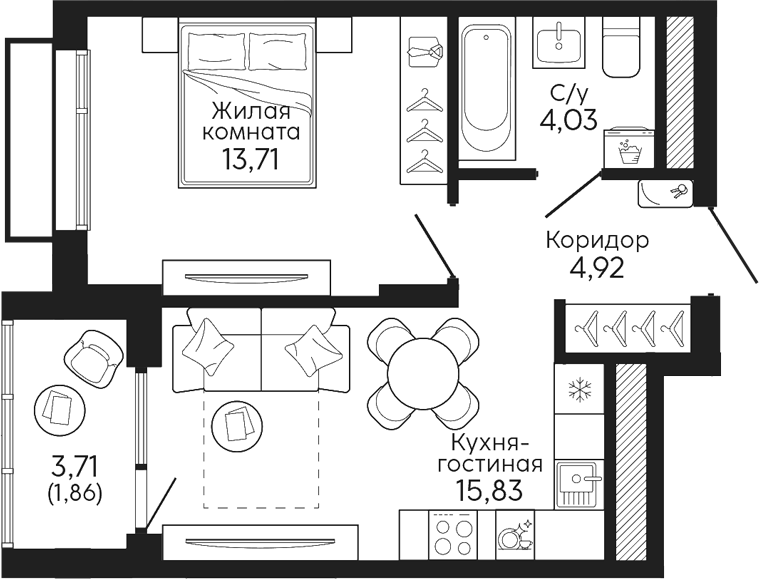 Планировка 1-к.кв, 40,35 м² в ЖК Тихий центр