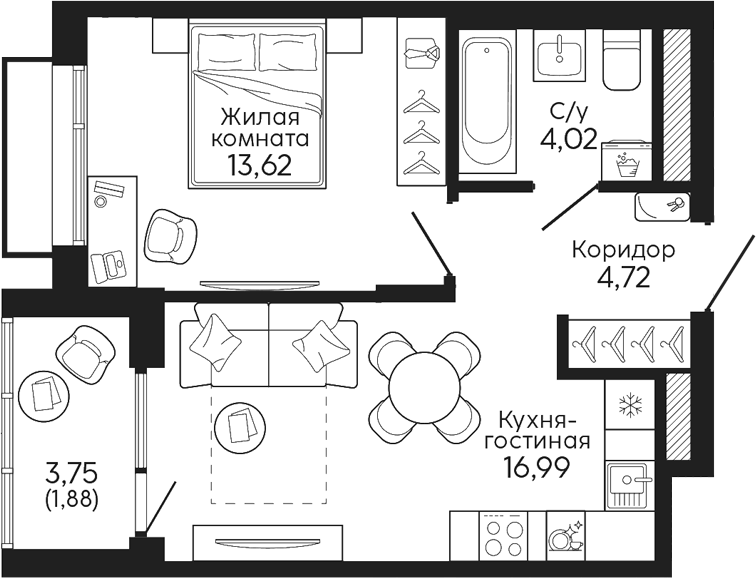 Планировка 1-к.кв, 41,23 м² в ЖК Тихий центр