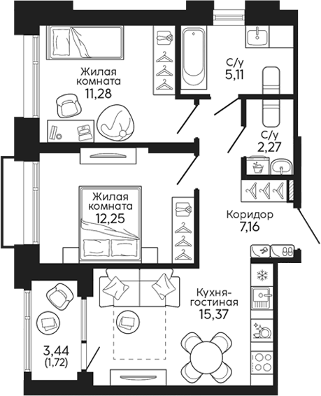 Планировка 2-к, 55,16 м² в ЖК Тихий центр