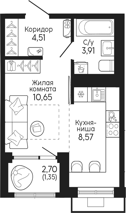Планировка Студия, 28,99 м² в ЖК Тихий центр