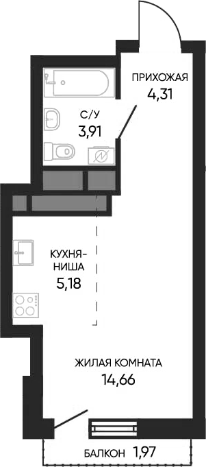 Планировка Студия, 28,65 м² в ЖК Тишина 2