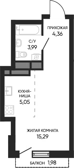 Планировка Студия, 29,28 м² в ЖК Тишина 2