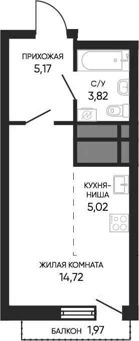 Планировка Студия, 29,32 м² в ЖК Тишина 2