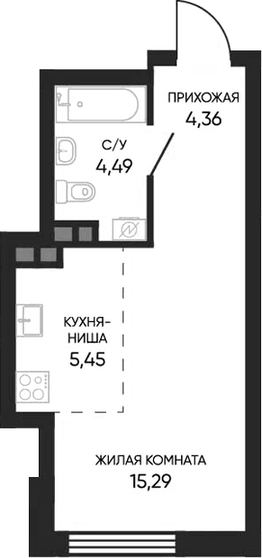 Планировка Студия, 29,59 м² в ЖК Тишина 2