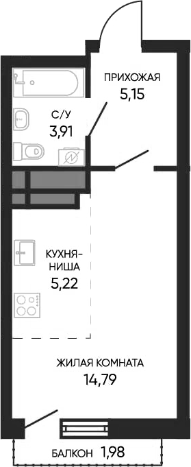 Планировка Студия, 29,66 м² в ЖК Тишина 2