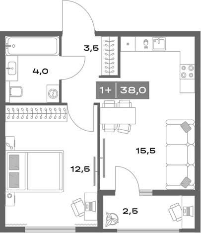 Планировка 2Е-к.кв, 38 м² в ЖК Толк Академический