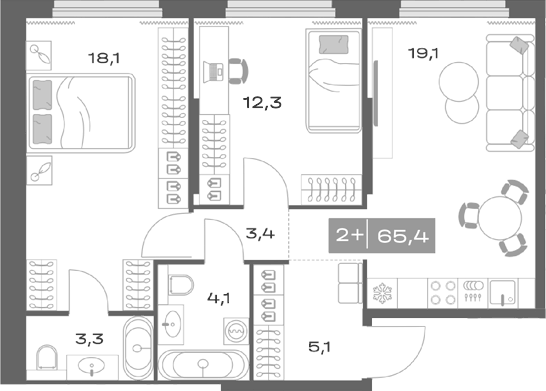 Планировка евротрёшки (3Е) 65,4 м² в ЖК Толк Академический, Екатеринбург: спальня 18,1 м² со своей ванной, кухня-гостиная 19,1 м²