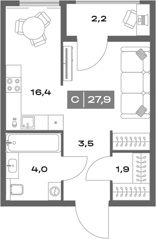 Планировка Студия, 27,9 м² в ЖК Толк Академический