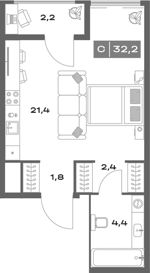 Планировка Студия, 32,2 м² в ЖК Толк Академический