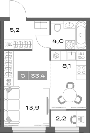 Планировка Студия, 33,4 м² в ЖК Толк Академический