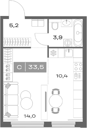 Планировка Студия, 33,5 м² в ЖК Толк Академический