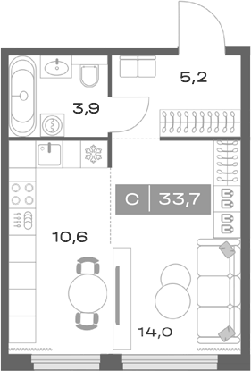 Планировка Студия, 33,7 м² в ЖК Толк Академический