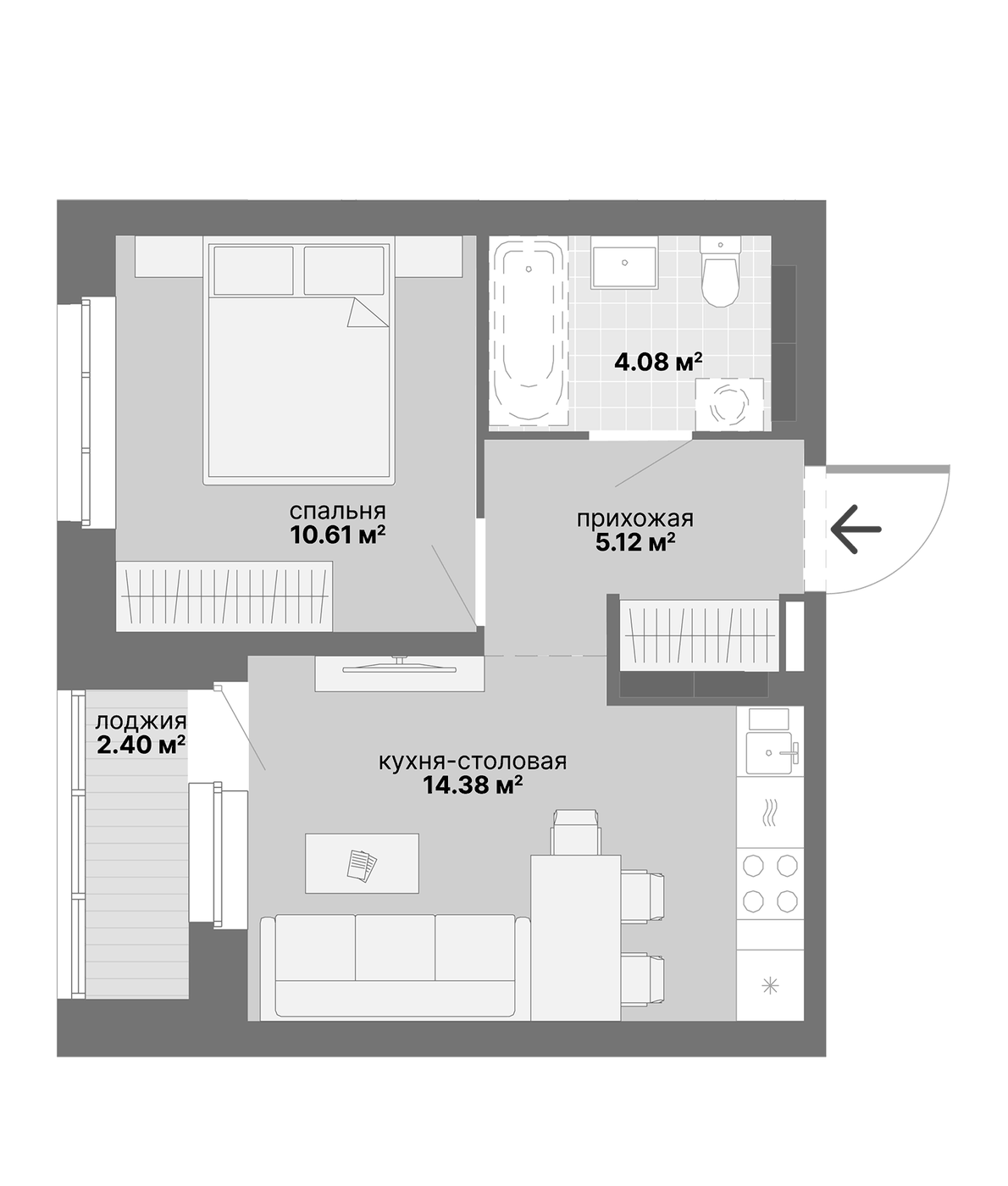 Планировка 1-к.кв, 36.59 м² в ЖК Традиции