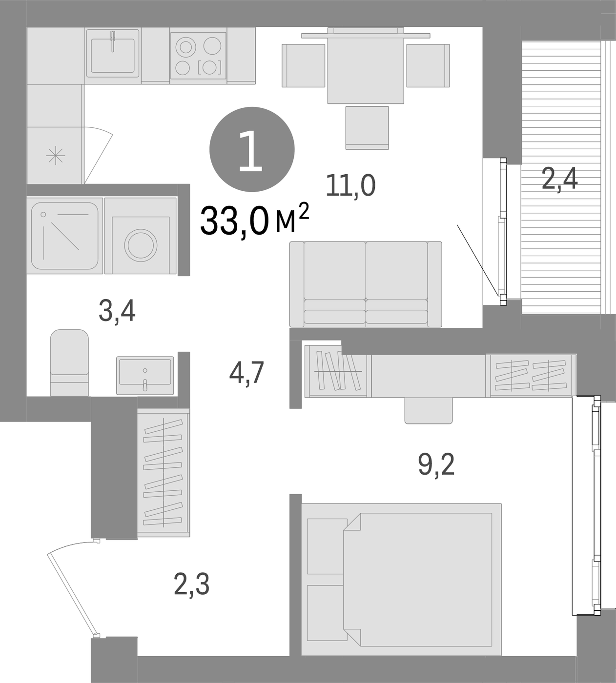 Планировка 1-к.кв, 33 м² в ЖК Траектория