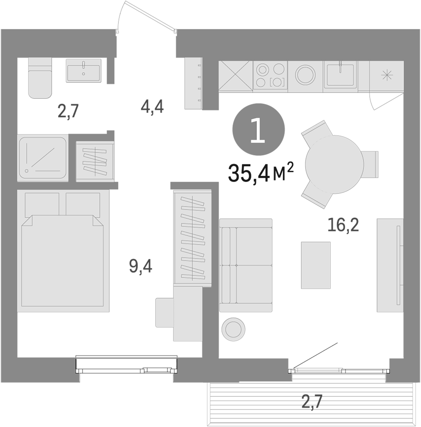 Планировка 1-к.кв, 35,4 м² в ЖК Траектория
