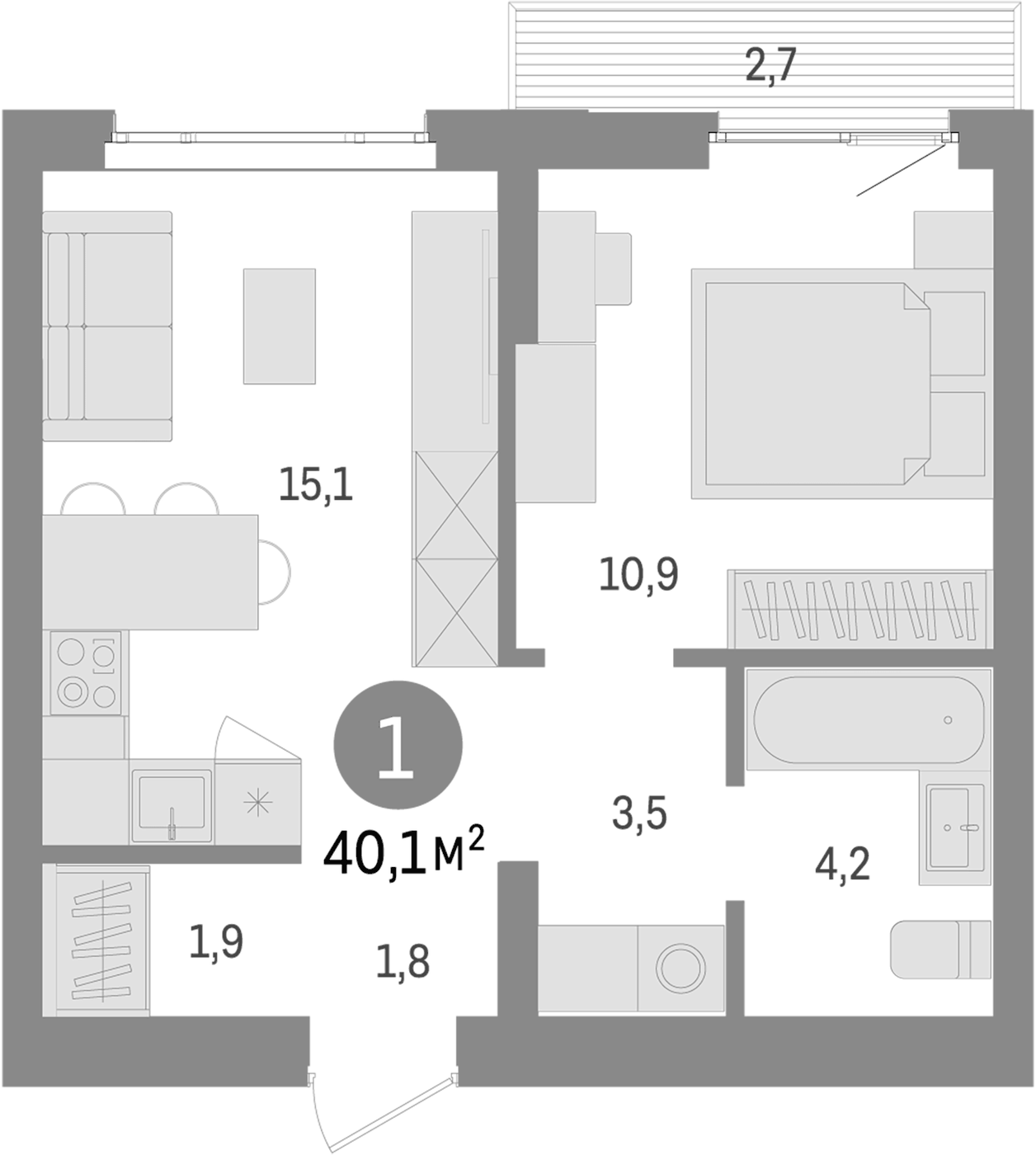Планировка 1-к.кв, 40,1 м² в ЖК Траектория