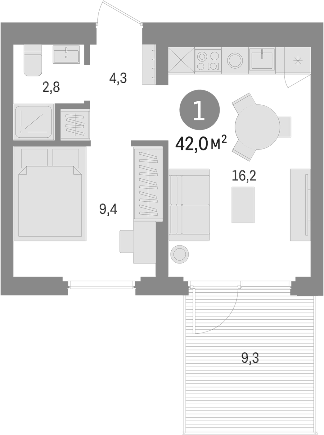 Планировка 1-к.кв, 42 м² в ЖК Траектория