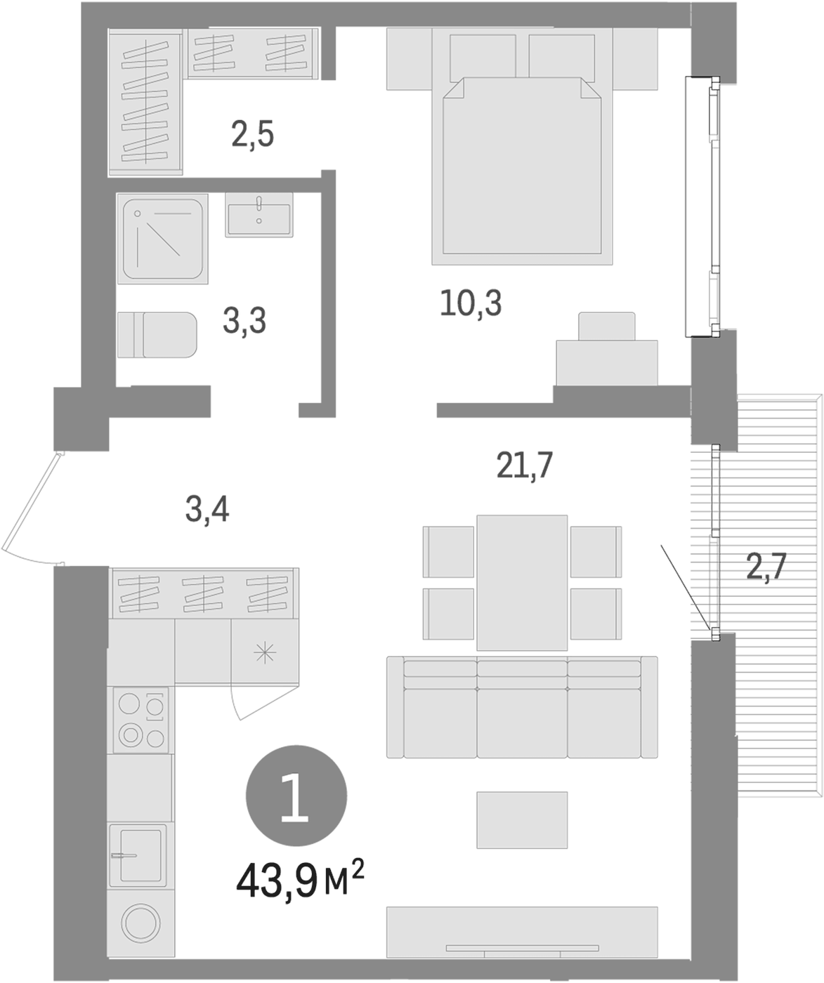 Планировка 1-к.кв, 43,9 м² в ЖК Траектория